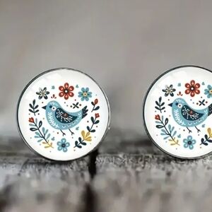 Unique Floral Blue Bird Stud Earrings- NEW!